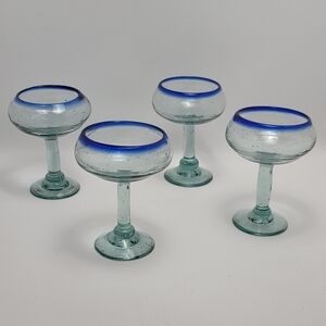 Mexican Margarita Blue Rimmed Hand Blown Chunky Glass Goblets 4 Pcs